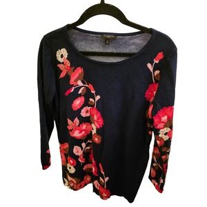 Talbots Petite Floral Navy Blue Long Sleeve Sweater‎ Top